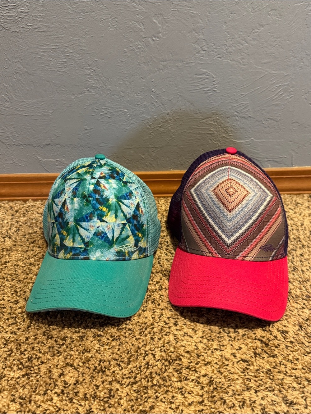 Set of Prana Teal and Pink Patterned Trucker Hats